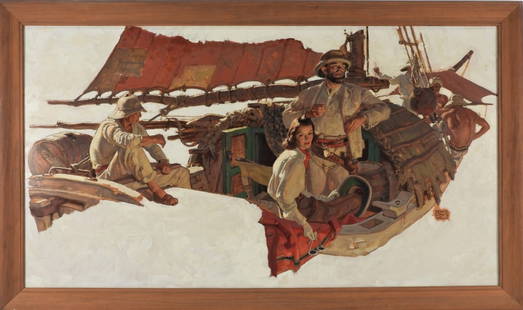 Dean Cornwell Explorers on a Ship Painting: Painting depicts a group of armed men on a ship wearing pith helmets, a woman, with the lower part of the sail, and crew in the bow. Oil on board.Sight 38" x 21".Frame 42 1/8" x 25 1/8"Signed below