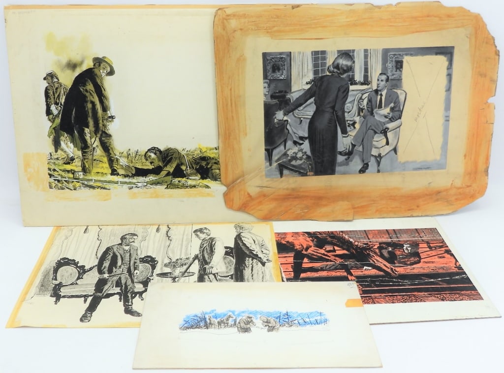 Five John McDermott Illustrations: An illustration depicting a cowboy on the ground next to his horse; an illustration on paper of a man with a gun and one with a whip; an illustration from Outdoor Life depicting two men in a storm rep