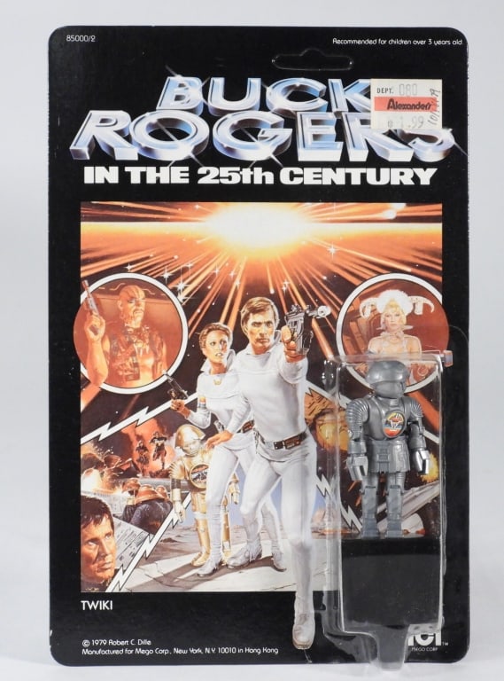 1979 Mego Buck Rogers 25th Century Twiki MOSC: United States,1979 1979 Mego Buck Rogers in the 25th Century Twiki action figure, C8.5 factory sealed with light wear as expected from age and storage, crisp, unpunched card with clear bubble with are