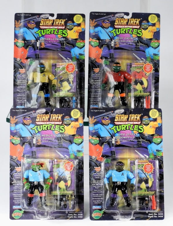 4PC 1994 Playmates TMNT Star Trek MOSC Figures: United States,1994 Group includes 1994 Playmates Star Trek Teenage Mutant Ninja Turtles First Officer Donatello, Captain Leonardo, Chief Engineer Michaelangelo, and Chief Medical Officer Raphael, all