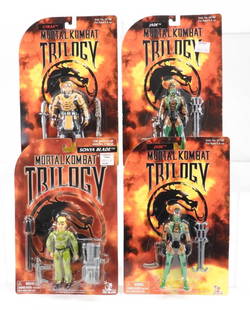 4PC 1996 Toy Island Mortal Kombat Trilogy MOSC: United States,1996 Group includes 1996 Toy Island Mortal Kombat Trilogy Cyrax, Sonya Blade, and two Jade (one packaging variant) action figures, all factory sealed with light to moderate wear as expec