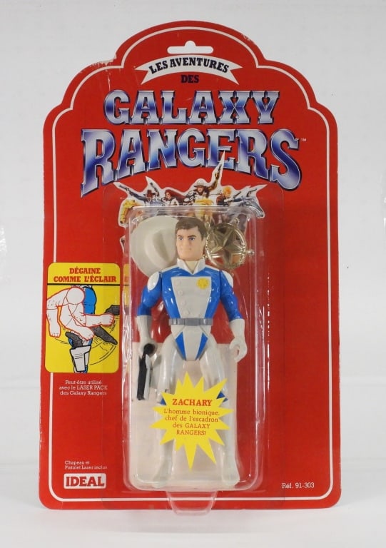 1986 Adventures of the Galaxy Rangers Zachary Foxx: France,1986 1986 French Galoob/Ideal Adventures of the Galaxy Rangers Zachary Foxx, C7 factory sealed with moderate wear as expected from age and storage, corner and edge wear with areas of light crea