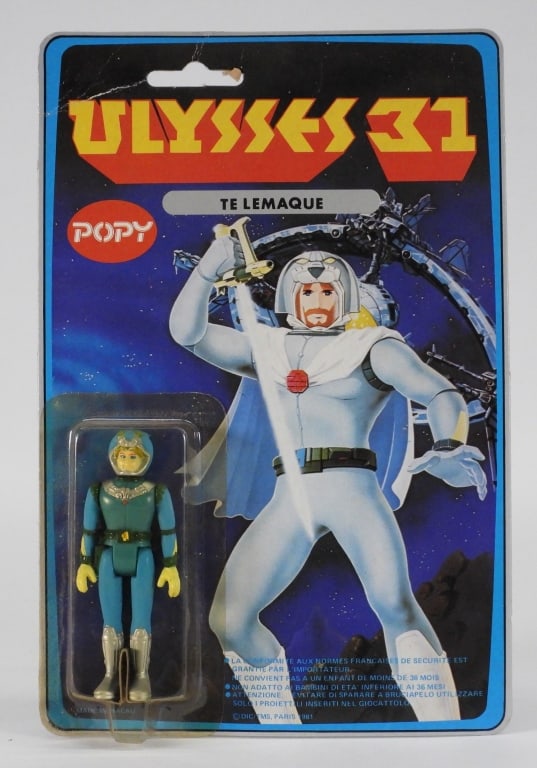1986 French Popy Ulysses 31 Telemaco MOSC: France,1986 1986 French Popy Ulysses 31 Telemaco action figure, C7 factory sealed with moderate wear as expected from age and storage, corner and edge wear with creasing in the upper left corner, bubb