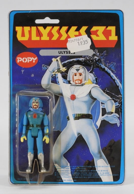 1986 French Popy Ulysses 31 Ulysse MOSC: France,1986 1986 French Popy Ulysses 31 Ulysse action figure, C7+ factory sealed with light to moderate wear as expected from age and storage, corner and edge wear with areas of light creasing, bubble