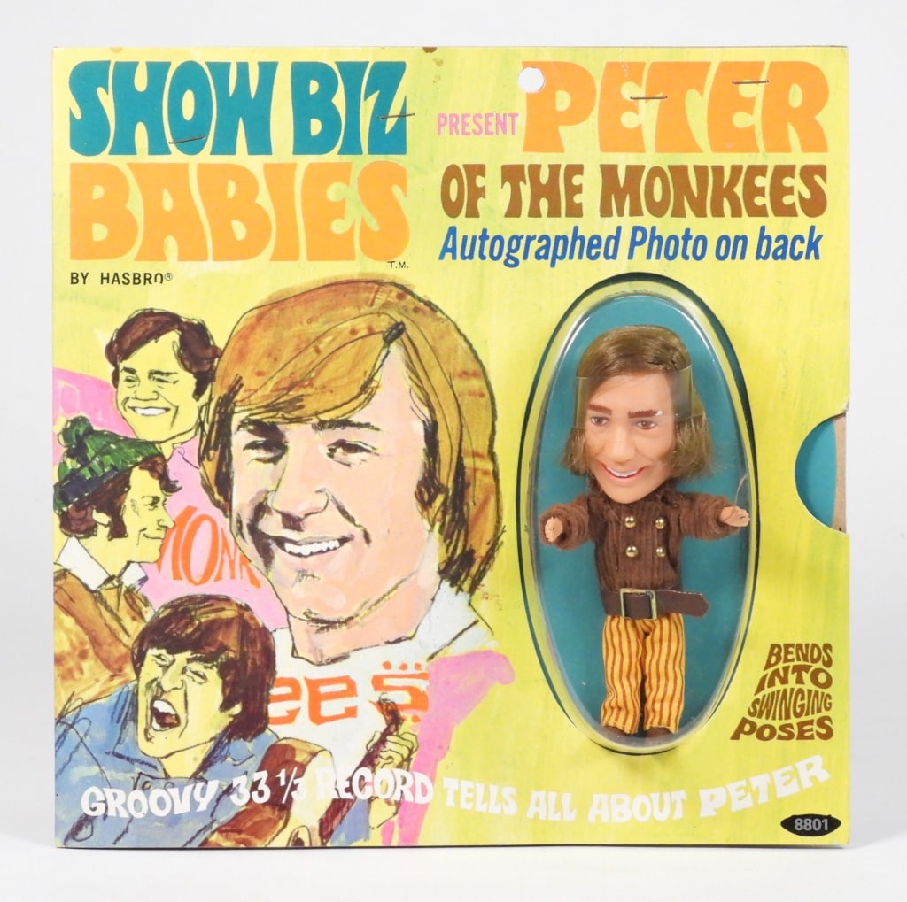 1967 Hasbro Show Biz Babies Peter of The Monkees: United States,1967 1967 Hasbro Show Biz Babies Peter Tork of The Monkees, C8+ unused with minimal wear as expected from age and storage, minor warping to sleeve with light creasing, figure untouched w