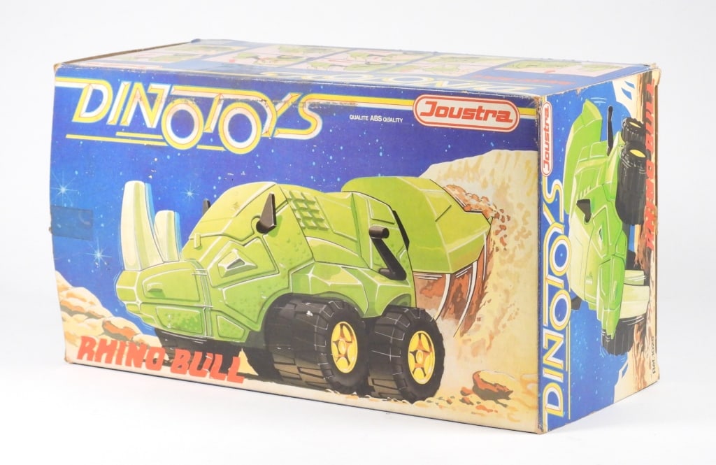 1981 French Joustra DinoToys Rhino Bull Dump Truck: France,1981 1981 French Joustra DinoToys Rhino Bull dump truck, Box C7.5+ with light to moderate wear as expected from age and storage, corner and edge wear with areas of light creasing, box showing s