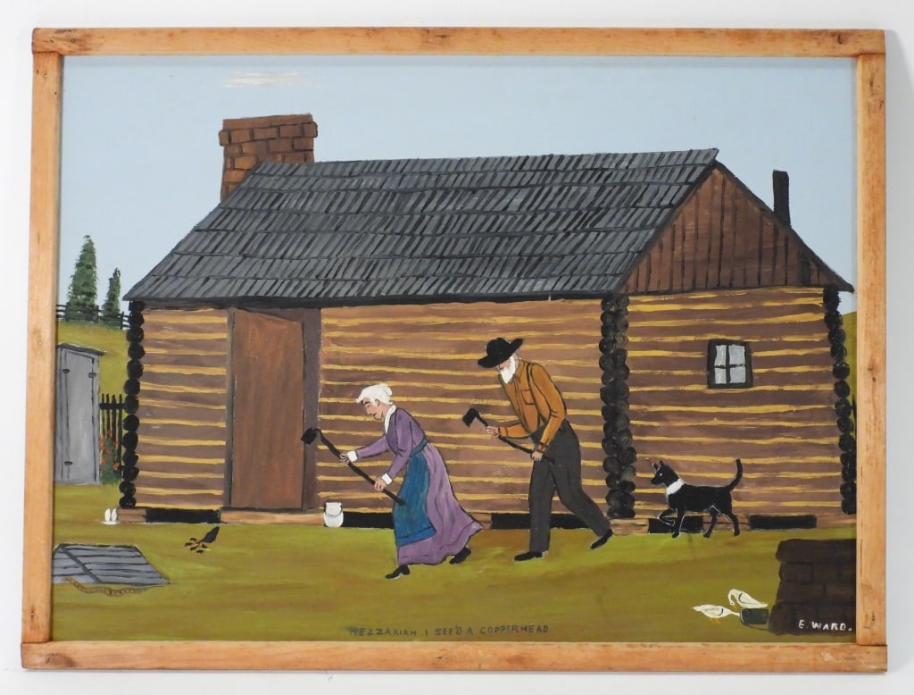 Essie Ward Folk Art Painting: Arkansas,1902-1981 Titled "Hezzakiah I See'd a Copperhead" depicts an older gentleman and woman with an axe and hoe chasing after a snake in front of their home. Ward's works often depict pioneer life