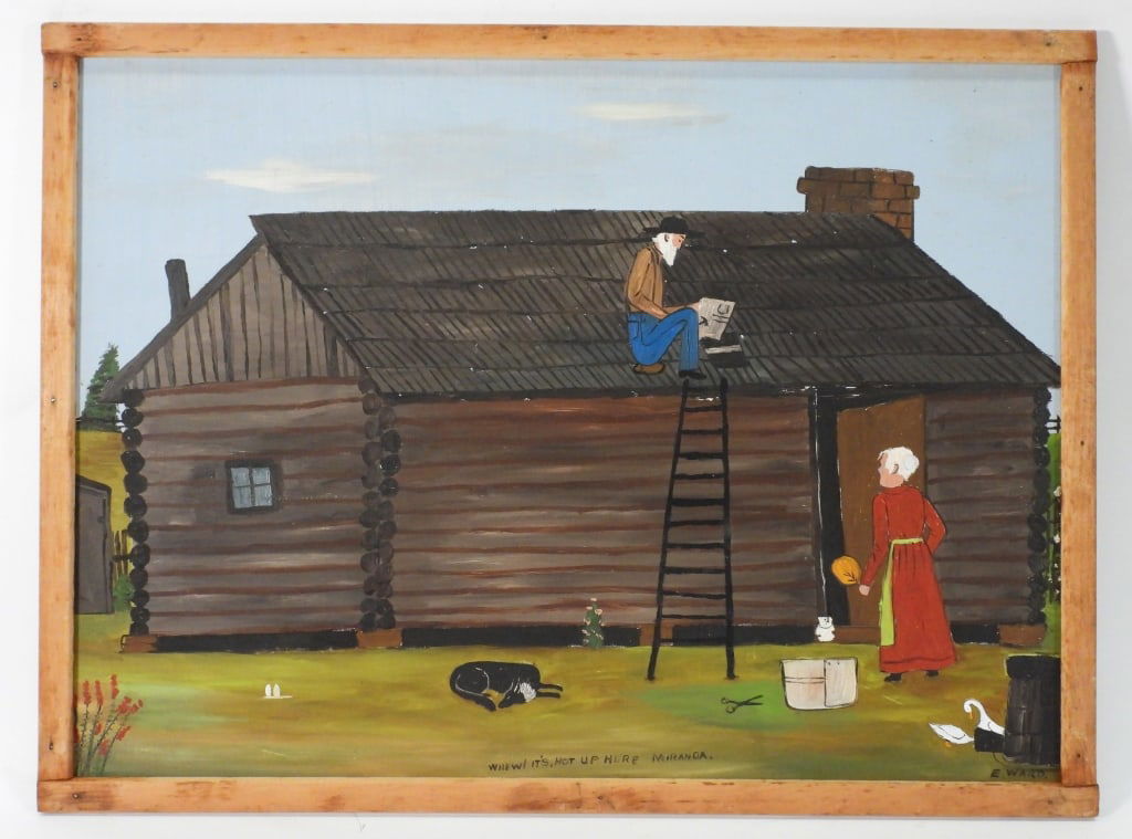 Essie Ward Folk Art Painting: Arkansas,1902-1981 Titled "Whew! It's Not Up Here Miranda" depicts an older gentleman on top of a roof with a roof tile in hand as an older woman looks up at him holding a fan. Ward's works often depi