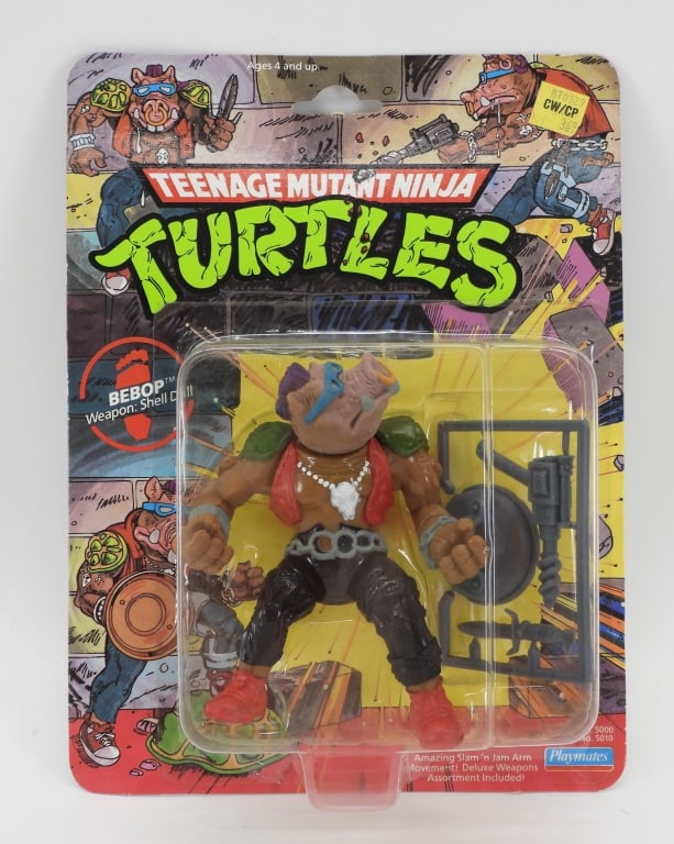 1988 Playmates TMNT Bebop Pink Soft Head MOSC: United States,1988 1988 Playmates Teenage Mutant Ninja Turtles Bebop, soft head variant with pink nose, C8 factory sealed with light wear as expected from age and storage including corner and edge wea