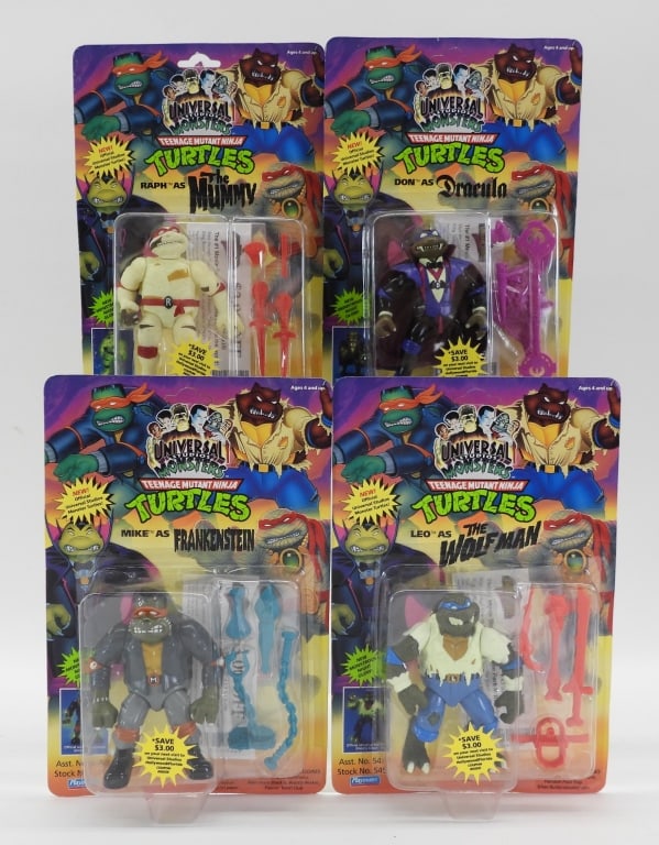 4PC 1993 Playmates TMNT Universal Studios Monsters: United States,1993 Group includes 1993 Playmates Teenage Mutant Ninja Turtles Universal Studios Monsters Don as Dracula, Mike as Frankenstein, Raph as The Mummy, and Leo as The Wolfman, all factory se