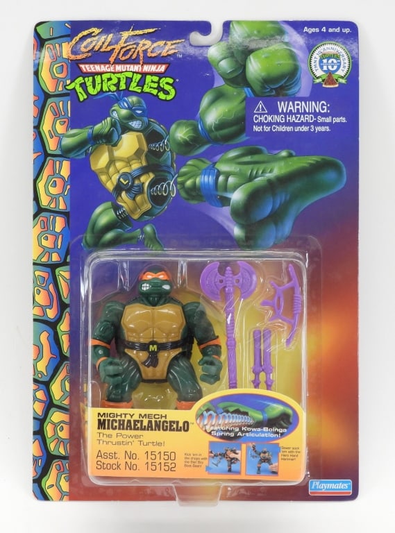 1996 Playmates TMNT Coil Force Michaelangelo MOSC: United States,1996 1996 Playmates Teenage Mutant Ninja Turtles Coil Force Mighty Mech Michaelangelo, C8.5 factory sealed with minimal wear as expected from age and storage, clear bubble, please refer 