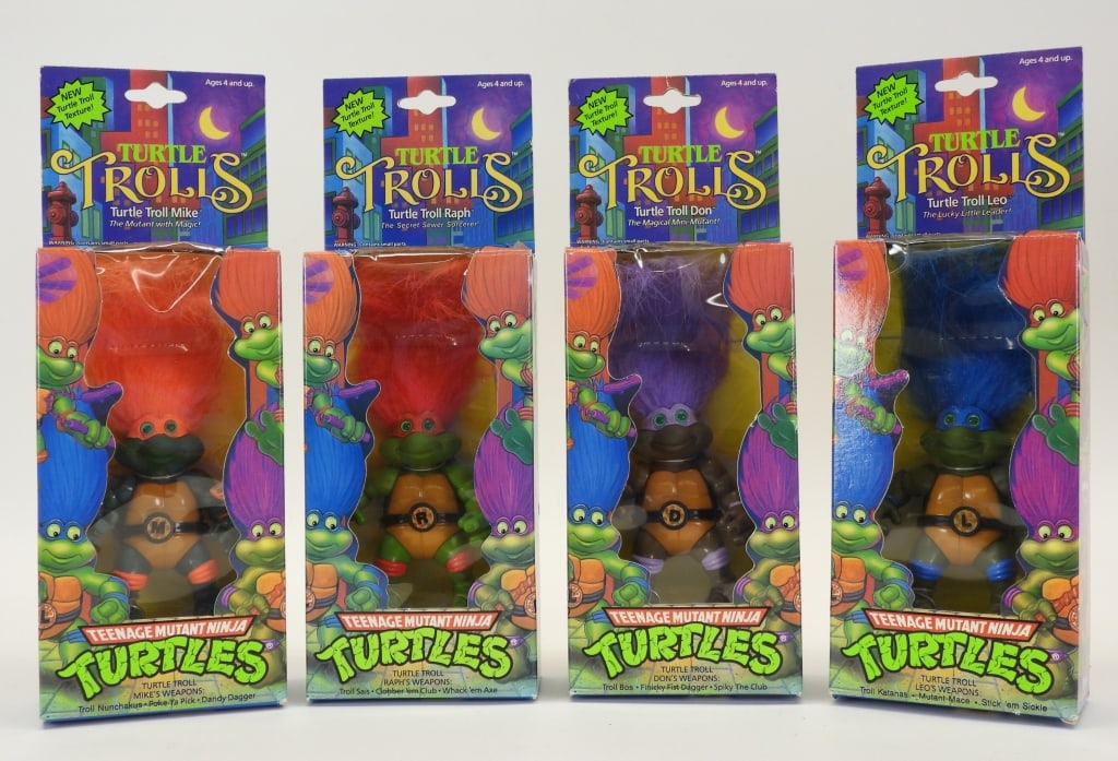 4PC 1989 Playmates TMNT Turtle Trolls MISB: United States,1989 Group includes 1989 Playmates Teenage Mutant Ninja Turtles Turtle Trolls Don, Leo, Mike, and Raph, all factory sealed with light wear as expected from age and storage, corner and ed
