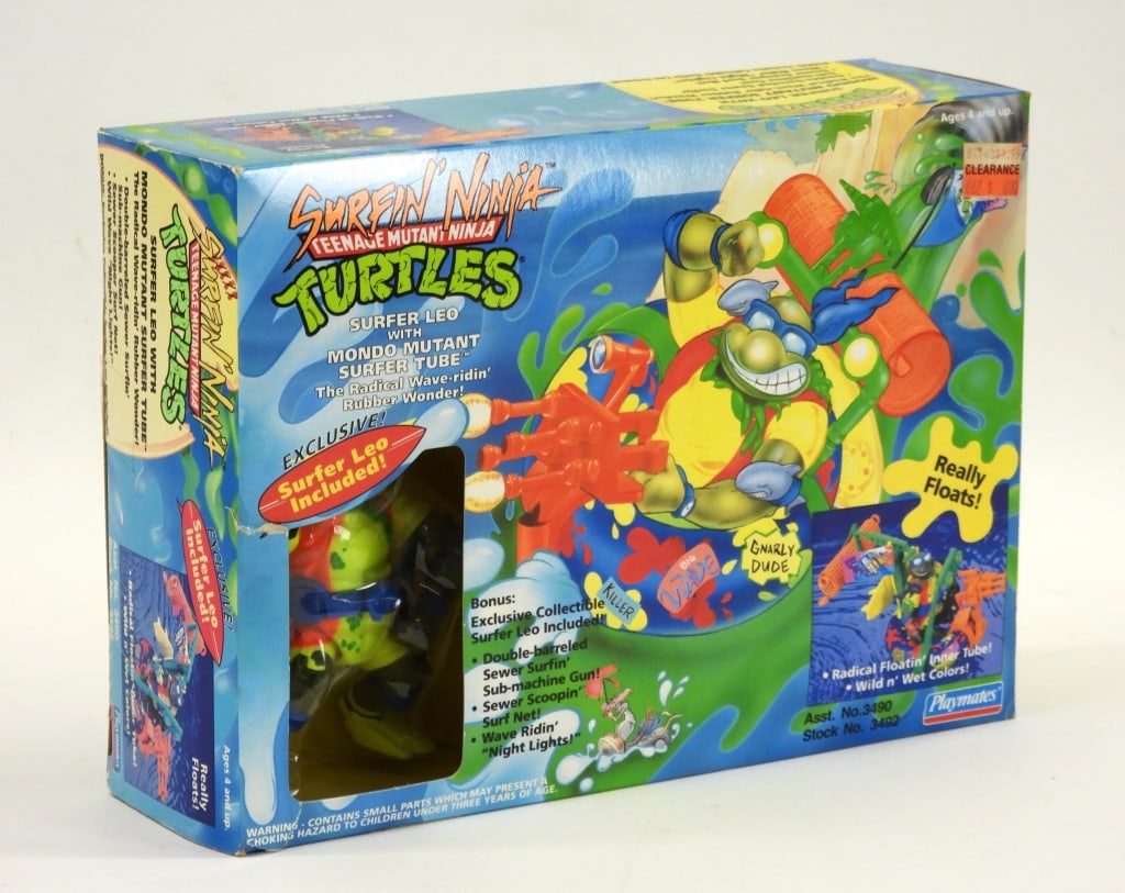 1994 TMNT Surfer Leo with Mondo Mutant Tube MISB: United States,1994 1994 Playmates Teenage Mutant Ninja Turtles Surfer Leo with Mondo Mutant Surfer Tube, C7 factory sealed with moderate wear as expected from age and storage, two approx. 1/2" tears t