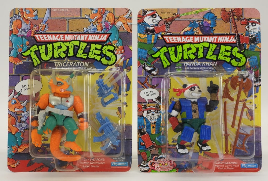 2PC 1990 Playmates TMNT Panda Khan Triceraton MOSC: United States,1990 Group includes 1990 Playmates Teenage Mutant Ninja Turtles Panda Khan and Triceraton, both factory sealed with light to moderate wear as expected from age and storage, Panda Khan wi