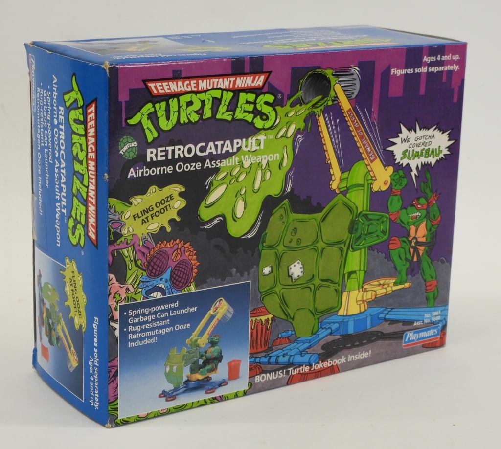 1989 Playmates TMNT Retrocatapult MISB: United States,1989 1989 Playmates Teenage Mutant Ninja Turtles Retrocatapult, C7.5+ factory sealed with light to moderate wear as expected from age and storage, corner and edge wear with minor areas o