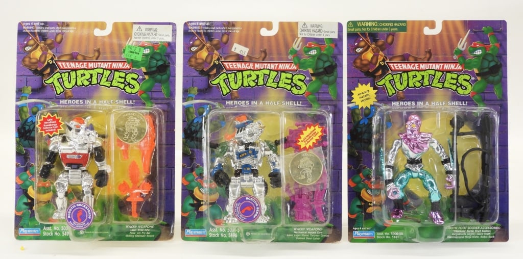 3 TMNT Robotic Bebop Rocksteady Foot Soldier MOSC: United States,1993-1998 Group includes 1993 Playmates Teenage Mutant Ninja Turtles Robotic Bebop, 1994 Robotic Rocksteady, and 1998 Robotic Foot Soldier, all factory sealed with light to moderate wear