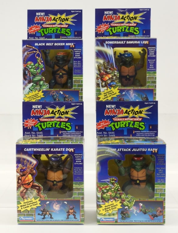 4PC 1993 Playmates TMNT Ninja Action MISB Set: United States,1993 Group includes 1993 Playmates Teenage Mutant Ninja Turtles Ninja Action Don, Leo, Mike, and Raph, all factory sealed with light wear as expected from age and storage, Don with appro