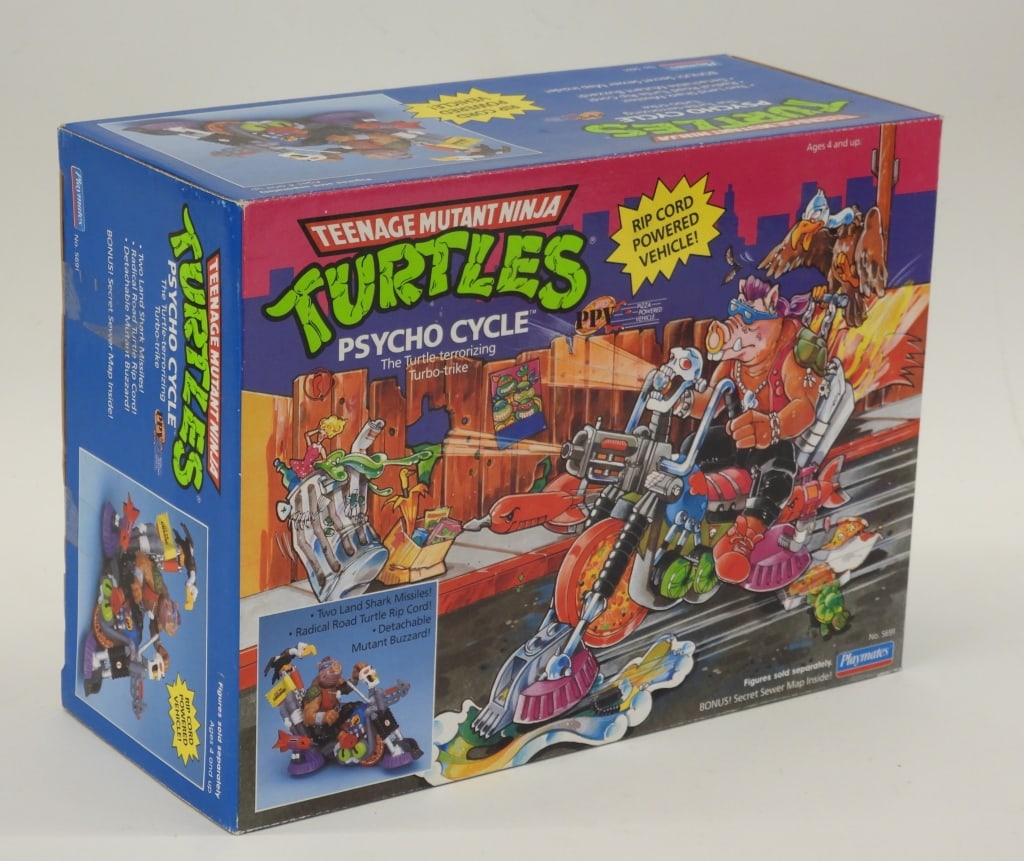 1990 Playmates TMNT Psycho Cycle MISB: United States,1990 1990 Playmates Teenage Mutant Ninja Turtles Psycho Cycle, C8 factory sealed with light wear as expected from age and storage including corner and edge wear, otherwise displays well 