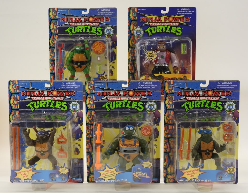 5PC 1996 Playmates TMNT Ninja Power MOSC Group: United States,1996 Group includes 1996 Playmates Teenage Mutant Ninja Turtles Ninja Power Mutatin' Bebop, Cartwheelin' Karate Don, Pizza Tosin' Leo, Somersault Samurai Leo, and Mutatin' Michaelangelo,