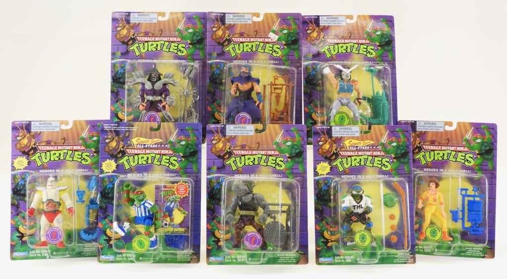 8PC 1995 Teenage Mutant Ninja Turtles MOSC Group: United States,1995 Group includes 1995 Playmates Teenage Mutant Ninja Turtles April O'Neil, Casey Jones, Krang's Android Body, Rocksteady, Slap Shot Leo, Shell Kickin' Raph, Shredder, and Movie Star S