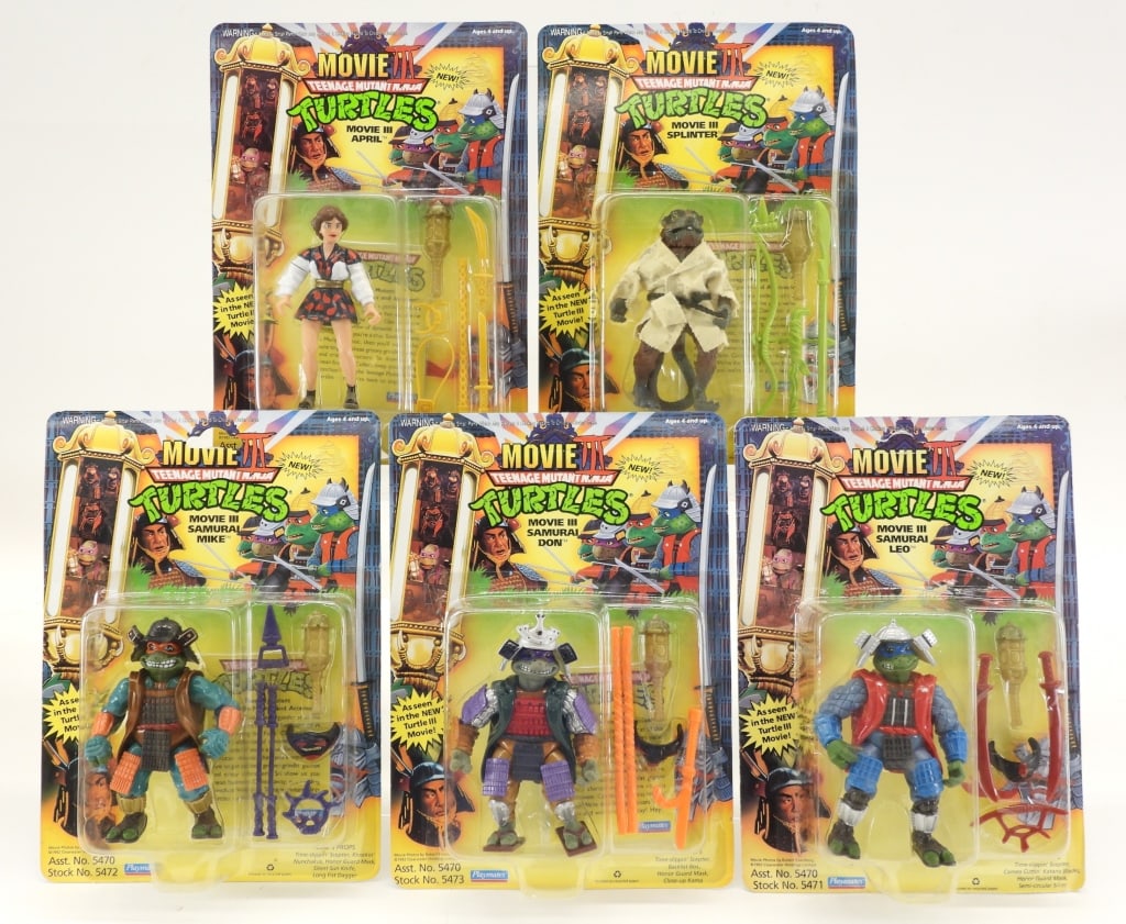 5PC 1992 Playmates TMNT Movie III MOSC Group: United States,1992 Group includes 1992 Playmates Teenage Mutant Ninja Turtles Movie III April, Samurai Don, Samurai Leo, Samurai Raph, and Splinter, all factory sealed with light wear as expected from