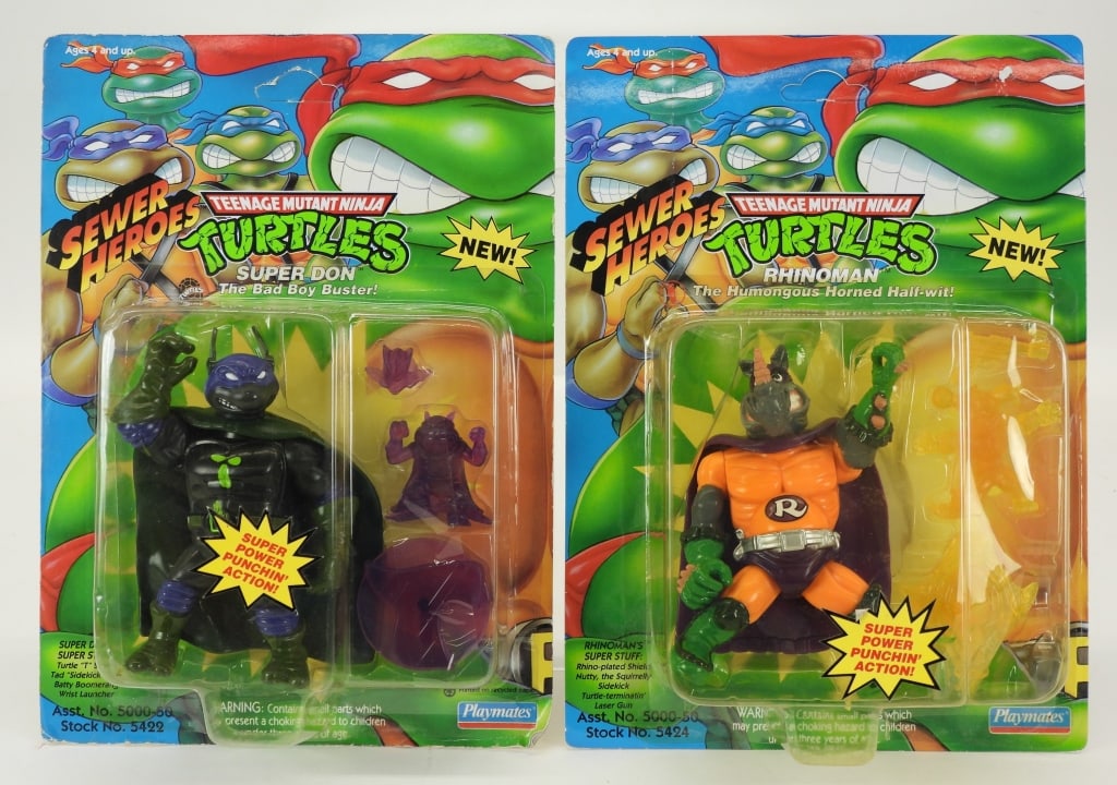 2PC 1993 Playmates TMNT Rhinoman Super Don MOSC: United States,1993 Group includes 1993 Playmates Teenage Mutant Ninja Turtles Sewer Heroes Rhinoman and Super Don, both factory sealed with light to moderate wear as expected from age and storage incl