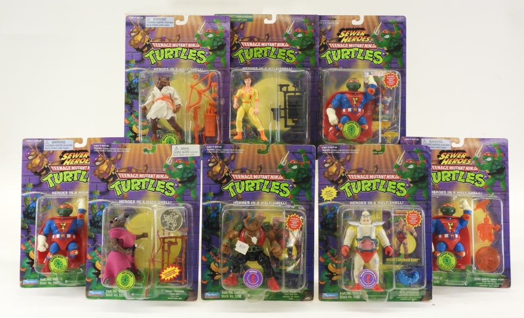 8PC 1992-98 Playmates TMNT MOSC Figure Group: United States,1992-1998 Group includes 1992 Playmates Teenage Mutant Ninja Turtles Splinter, 1994 Bebop and Krang's Android Body, 1995 Movie Star Splinter and three Sewer Heroes Super Mike, and a 1998