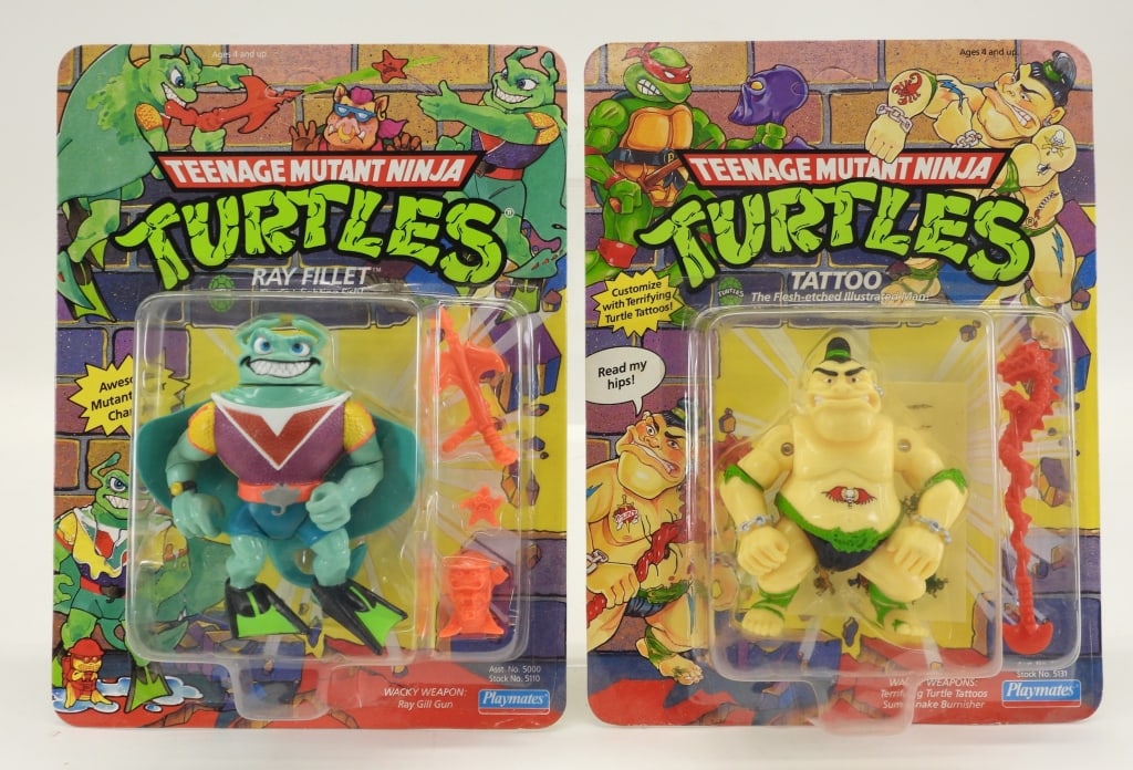 2PC 1990-91 Playmates TMNT Ray Fillet Tattoo MOSC: United States,1990-1991 Group includes 1990 Playmates Teenage Mutant Ninja Turtles Ray Fillet (red V) and 1991 Tattoo, both factory sealed with light wear as expected from age and storage including co