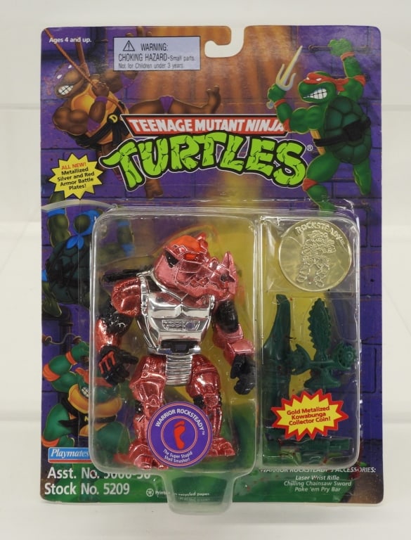 1995 Playmates TMNT Warrior Rocksteady MOSC: United States,1995 1995 Playmates Teenage Mutant Ninja Turtles Warrior Rocksteady, C7+ factory sealed with light to moderate wear as expected from age and storage, clear bubble with minor denting, met