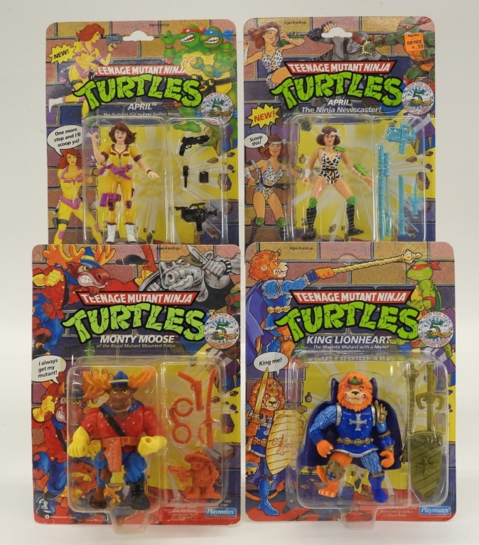 4PC 1992 Playmates TMNT 5th Anniversary MOSC Group: United States,1992 Group includes 1992 Playmates Teenage Mutant Ninja Turtles April, April The Ninja Newscaster, King Lionheart, and Monty Moose, all factory sealed with light to moderate wear as expe