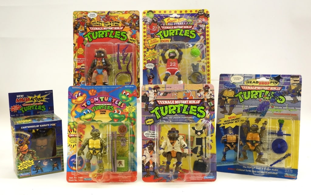6PC 1991-93 Playmates TMNT Donatello Group MISP: United States,1991-1993 Group includes 1991 Playmates Teenage Mutant Ninja Turtles Don the Undercover Turtle, Head Drop Pin Donatello, 1992 Sewer Sports All-Stars Slam Dunkin' Don, Wacky Wild West Cra