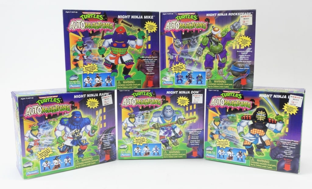 5PC 1998 TMNT AutoMutations Night Ninja MISB Group: United States,1998 Group includes 1998 Playmates Teenage Mutant Ninja Turtles AutoMutations Night Ninja Don, Leo, Mike, Raph, and Rocksteady, all factory sealed with light wear as expected from age an