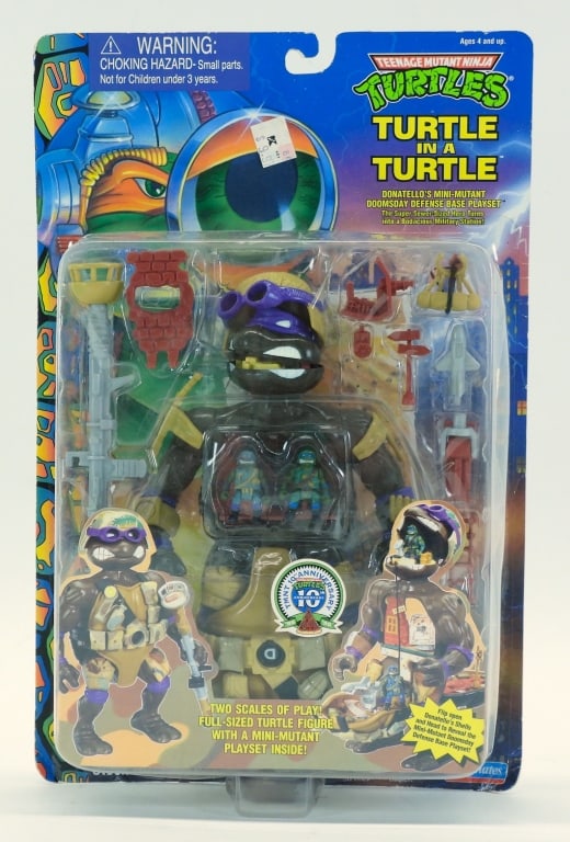 1995 TMNT Turtle in a Turtle Donatello Base MOSC: United States,1995 1995 Playmates Teenage Mutant Ninja Turtles Turtle in a Turtle Donatello Doomsday Defense Base Playset, C7.5+ factory sealed with moderate wear as expected from age and storage, cor