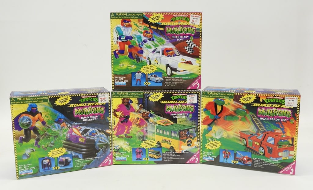 4PC 1998 TMNT Mutations Roady Ready MISB Group: United States,1998 Group includes 1998 Playmates Teenage Mutant Ninja Turtles Mutations Road Ready Don, Leo, Splinter, and Shredder, all factory sealed with light wear as expected from age and storage