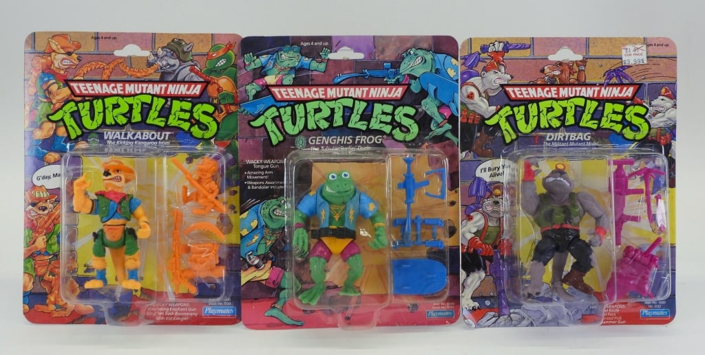 3PC TMNT Genghis Frog Dirtbag Walkabout MOSC Group: United States,1989-1991 Group includes 1989 Playmates Teenage Mutant Ninja Turtles Genghis Frog and 1991 Dirtbag and Walkabout, all factory sealed with light wear as expected from age and storage incl