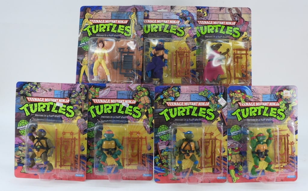 7PC 1988 Playmates TMNT MOSC Figure Group: United States,1988 Group includes 1988 Playmates Teenage Mutant Ninja Turtles April O'Neil, Donatello, Leonardo, Michaelangelo, Raphael, Splinter, and Shredder, all factory sealed with light to modera