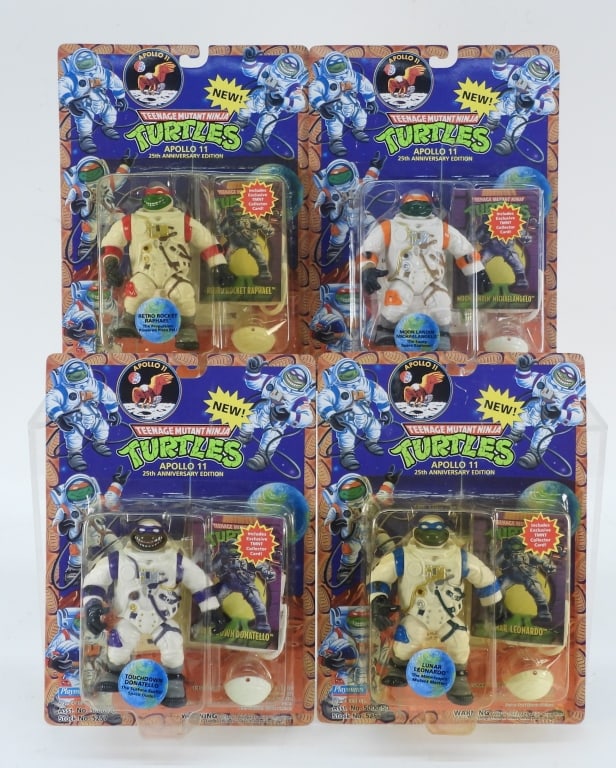 4PC 1994 Playmates TMNT Apollo 11 MOSC Turtle Set: United States,1994 Group includes 1994 Playmates Teenage Mutant Ninja Turtles Apollo 11 25th Anniversary Donatello, Leonardo, Michaelangelo, and Raphael, all factory sealed with light to moderate wear