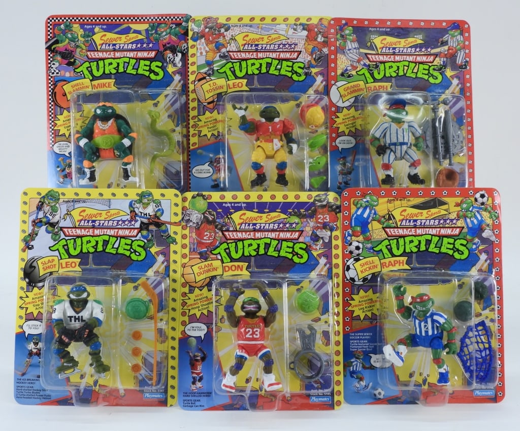 6PC 1991 TMNT Sewer Sports All-Stars MOSC Group: United States,1991 Group includes 1991 Playmates Teenage Mutant Ninja Turtles Sewer Sports All-Stars Slam Dunkin' Don, Slap Shot Leo, T.D. Tossin' Leo, Shell Slammin' Mike, Grand Slammin' Raph, and Sh