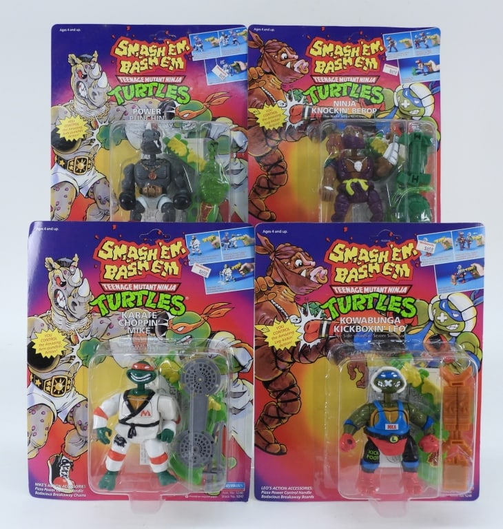4PC 1992 Playmates TMNT Smash'em Bash'em MOSC: United States,1992 1992 Playmates Teenage Mutant Ninja Turtles Smash'em Bash'em Leo, Mike, Bebop, and Rocksteady, all factory sealed with light to moderate wear as expected from age and storage includ
