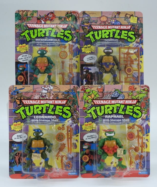 4PC Playmates TMNT Storage Shell MOSC Group: United States,1990-1991 Group includes1990 Playmates Teenage Mutant Ninja Turtles Donatello with Storage Shell and 1991 Leonardo, Michaelangelo, and Raphael with Storage Shell, all factory sealed with