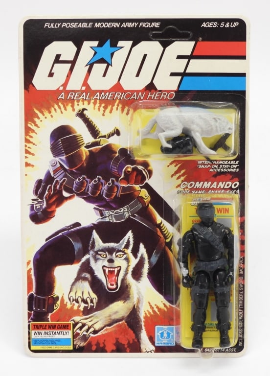 1986 Hasbro GI Joe ARAH 34 Back Snake Eyes MOSC: United States,1986 1986 Hasbro G.I. Joe A Real American Hero 34 back Snake Eyes, C8.5 factory sealed with light wear as expected from age and storage including corner and edge wear, unpunched with cle