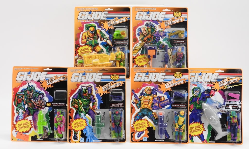 6PC GI Joe ARAH Eco Warrios MOSC Figure Group: United States,1991-1992 Group includes 1991 Hasbro G.I. Joe A Real American Hero Eco Warriors Clean-Sweep, Cesspool, Sludge Viper, Toxo-Viper, and 1992 Deep-Six and Toxo-Zombie, all factory sealed wit