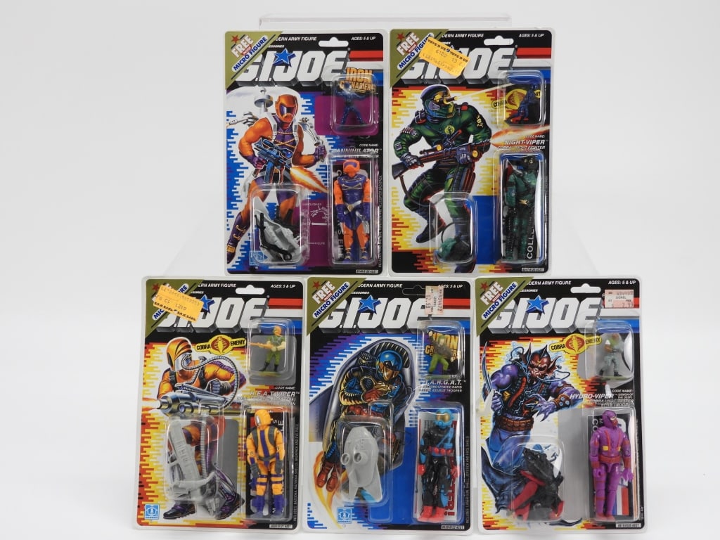 5PC 1989 Hasbro GI Joe ARAH MOSC Figure Group: United States,1989 Group includes 1989 Hasbro G.I. Joe A Real American Hero H.E.A.T. Viper, Hydro-Viper, Night-Viper, and Iron Grenadiers Annihilator and T.A.R.G.A.T., all with packaged free Micro Fig