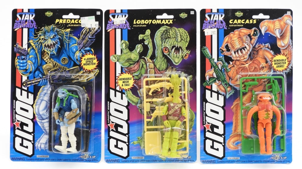 3PC 1994 Hasbro GI Joe ARAH Star Brigade Aliens: United States,1994 Group includes 1994 Hasbro G.I. Joe A Real American Hero Star Brigade Carcass, Lobotomaxx, and Predacon, all factory sealed with light wear as expected from age and storage includin