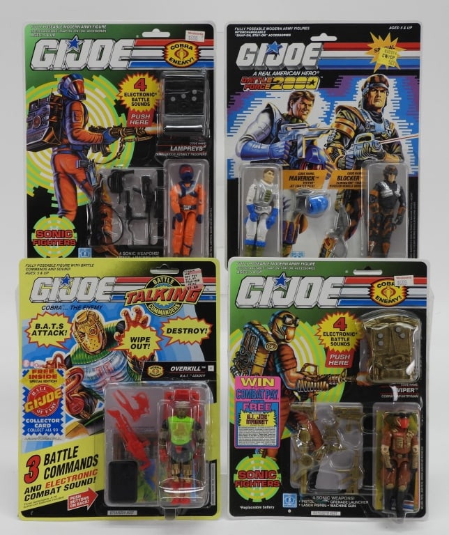 4PC 1988-91 Hasbro GI Joe ARAH MOSC Figure Group: United States,1988-1991 Group includes 1988 Hasbro G.I. Joe A Real American Hero Battle Force 2000 Maverick and Blocker 2-Pack, 1991 Sonic Fighters Lampreys and Viper, and 1992 Battle Commanders Overk