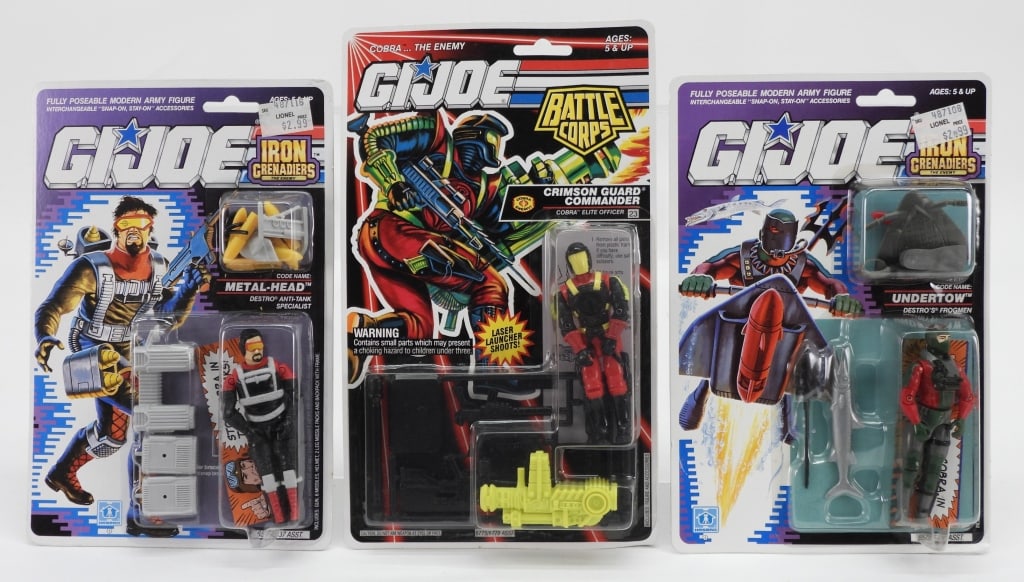 3 Hasbro GI Joe ARAH Iron Grenadiers Battle Corps: United States,1990-1993 Group includes 1990 Hasbro G.I. Joe A Real American Hero Iron Grenadiers Metal-Head, Undertow, and 1993 Battle Corps Crimson Guard Commander, all factory sealed with light wear