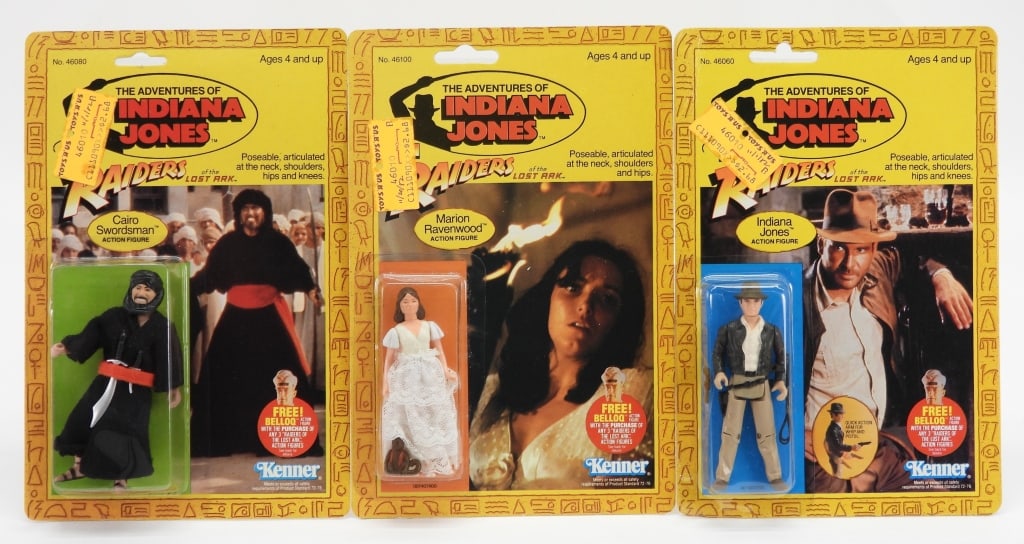 3PC 1982 Kenner Indiana Jones Raiders MOSC Group: United States,1982 Group includes 1982 Kenner Indiana Jones Raiders of the Lost Ark Cairo Swordsman, Indiana Jones, and Marion Ravenwood, all factory sealed with light wear as expected from age and st