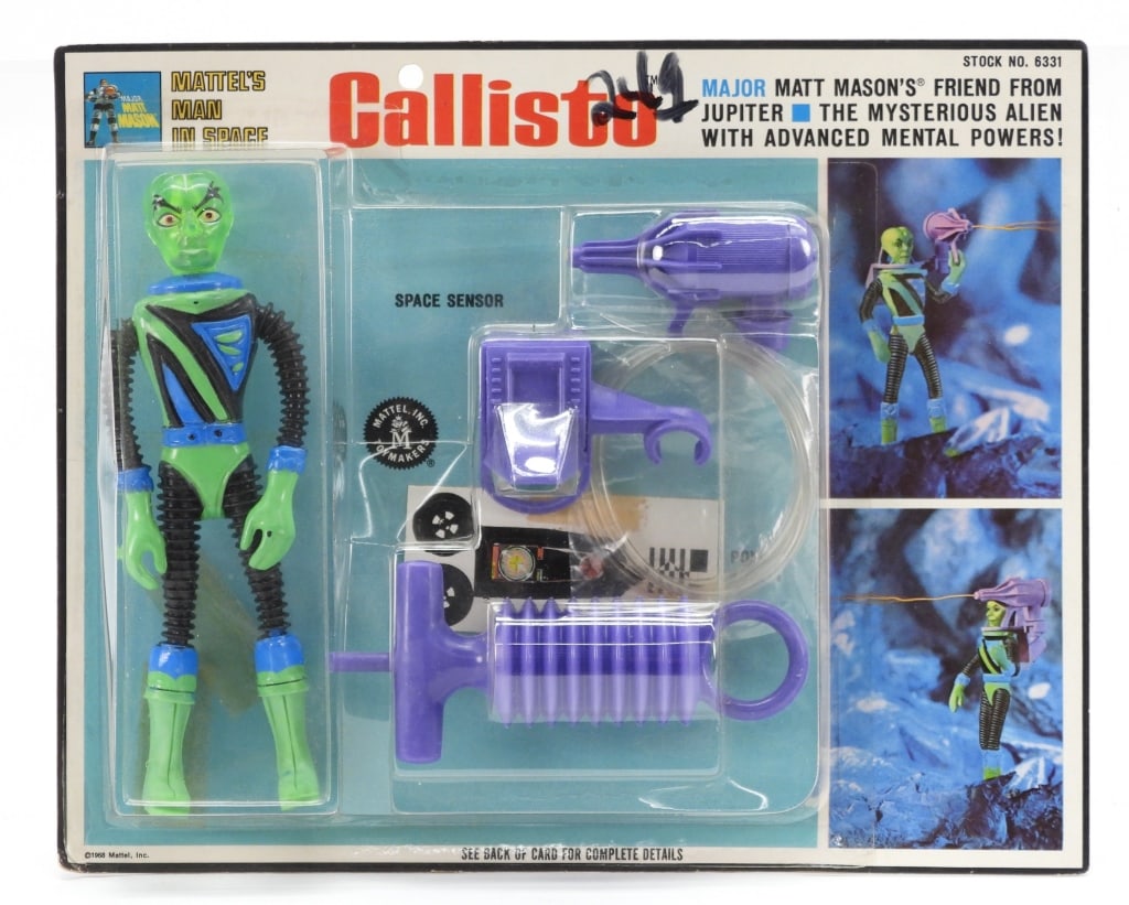 1968 Mattel Major Matt Mason Callisto Alien MOSC: United States,1968 1968 Mattel Major Mat Mason Callisto figure, C8 factory sealed with light wear as expected from age and storage, corner and edge wear with slight curling to card, clear bubble, over