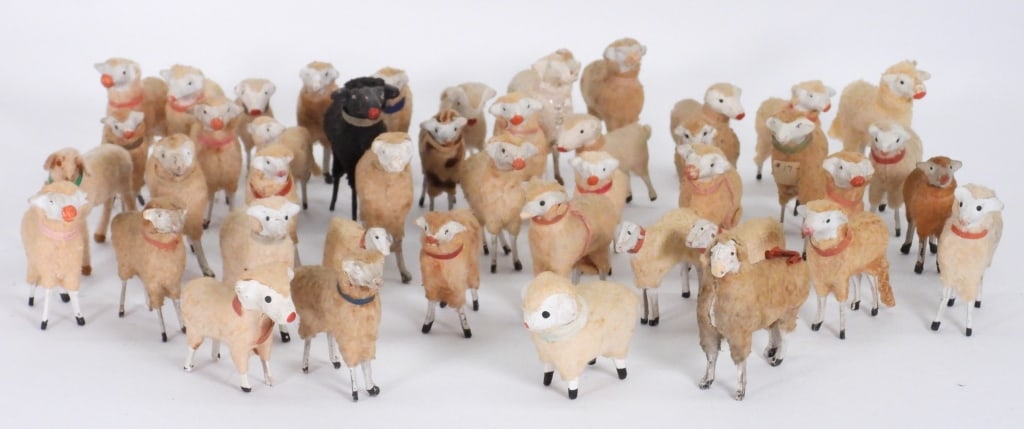 44PC Early German Stick Leg Sheep Miniature Toys: Germany,Early 20th Century Collection of 44 early German stick leg miniature sheep toy figures, all present well considering age, some with wear and minor losses, please refer to photographs. Various