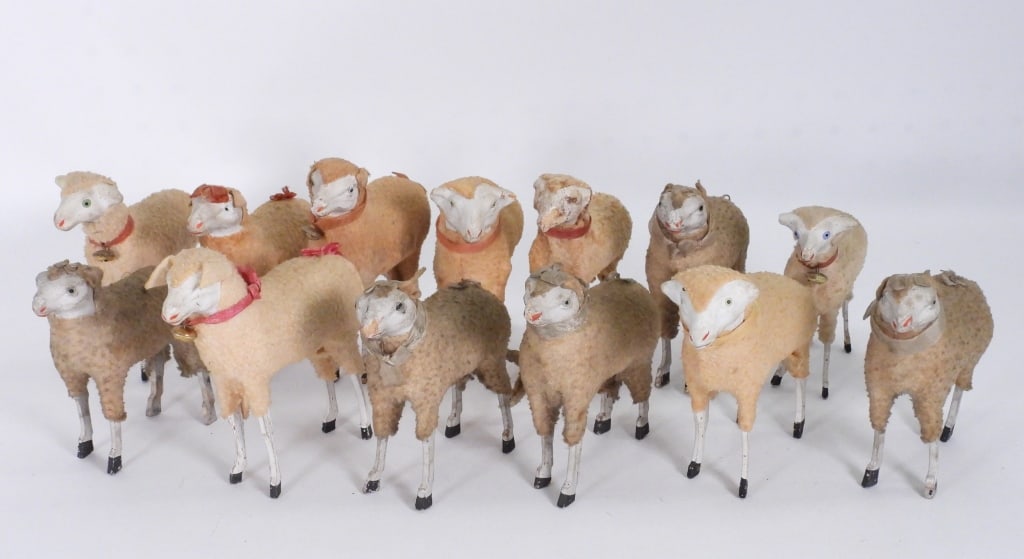 13PC Early German Stick Leg Sheep Toys Larger Size: Germany,Early 20th Century Collection of 13 early German stick leg sheep toy figures, larger size around 5" each, all present well considering age, some with wear and minor losses, please refer to pho